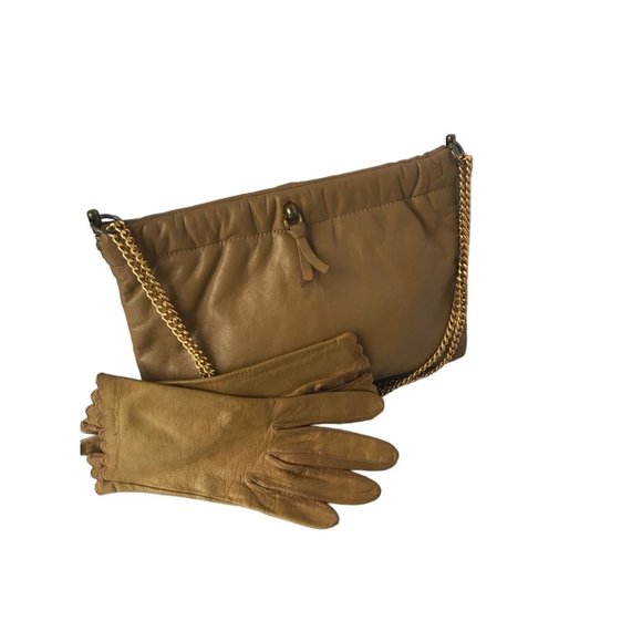 Cool Tan Leather Set Gloves and Handbag Vintage Accessories Set - Picture 3 of 11